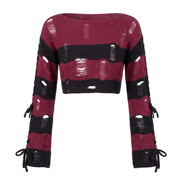 Women Striped Distressed Knit Crop Sweater - Side Lace Up Top