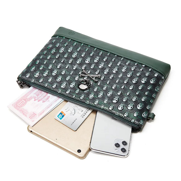 The Obsidian Skull Embossed Leather Clutch Bag