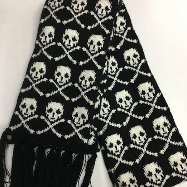 Women’s Skull Knitted Winter Scarf with Fringe – Soft Warm Alt Gothic Wrap