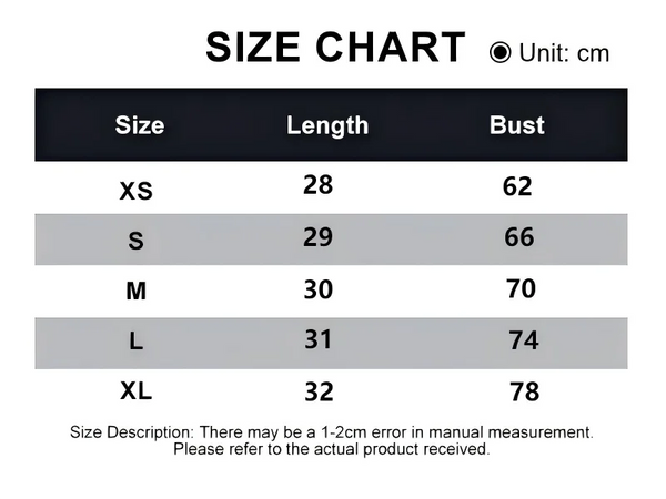 Size chart for clothing with measurements in centimeters