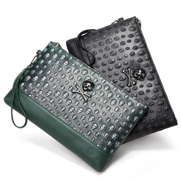 The Obsidian Skull Embossed Leather Clutch Bag