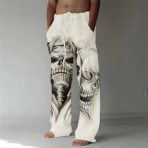 Men's Elastic Waist Skull Print Casual Pants with Drawstring