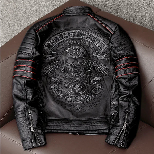 Men's Genuine Leather Motorcycle Jacket - Skull Embroidery