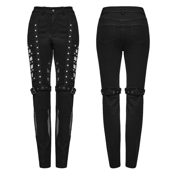 Women's Punk Mesh Splicing Asymmetrical Hollow Washed Jeans