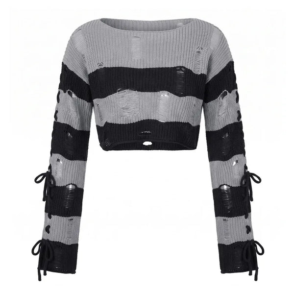 Women Striped Distressed Knit Crop Sweater - Side Lace Up Top