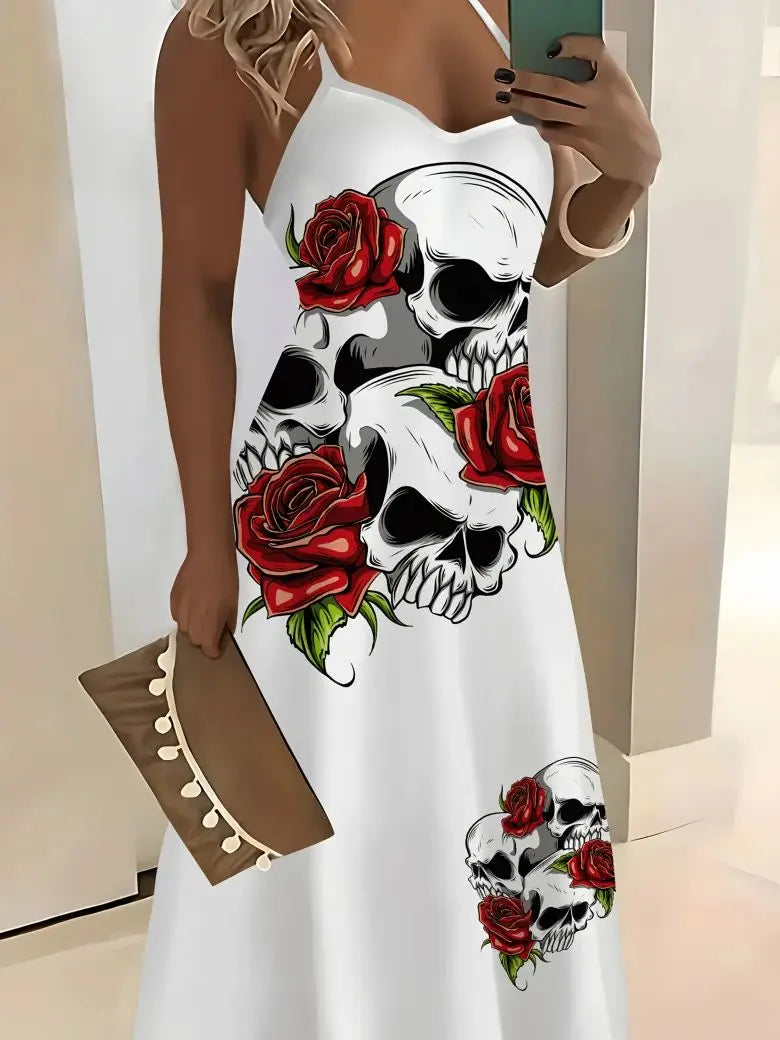 The Crimson Bloom™ Skull Rose Strappy Dress