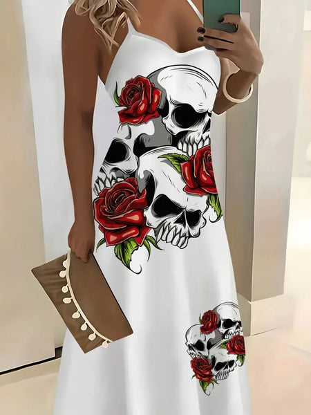 The Crimson Bloom™ Skull Rose Strappy Dress | Women's Gothic Summer Dress