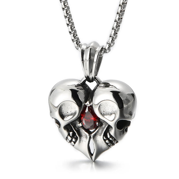 Stainless Steel Love Heart Skull With Red Gemstone Pendant For Necklaces