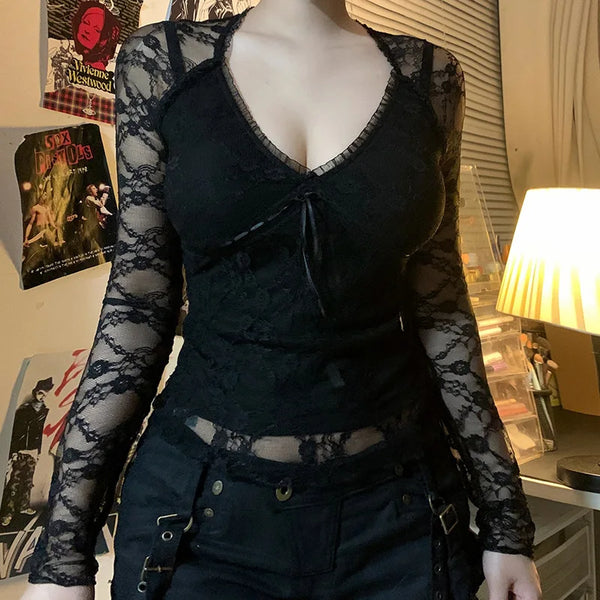 Gothic Black Women's Lace Patchwork See Through Long Sleeve V-neck Crop Top