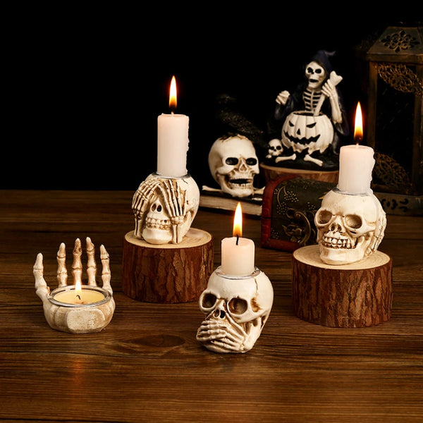 Resin Skeleton Skull and Hand Candle Holders