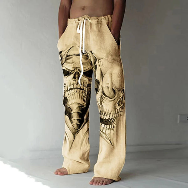 Men's Elastic Waist Skull Print Casual Pants with Drawstring