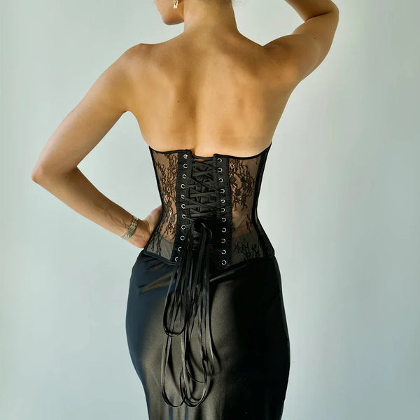 Ethereal Bone | Hollow-Out Mesh & Lace Bustier Top