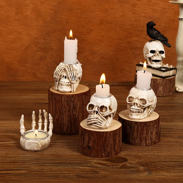 Resin Skeleton Skull and Hand Candle Holders