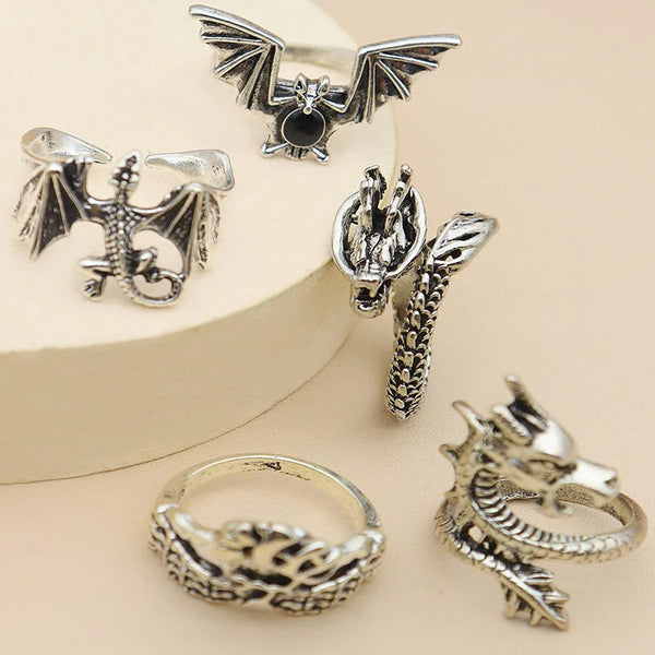 5pcs/set Vintage Dragon Bat Rings for Women Gothic Jewelry