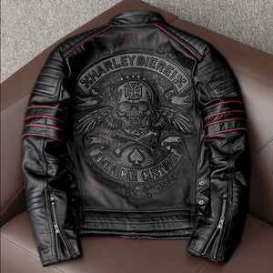 Men's Skull Embroidery Genuine Cowhide Black Jacket