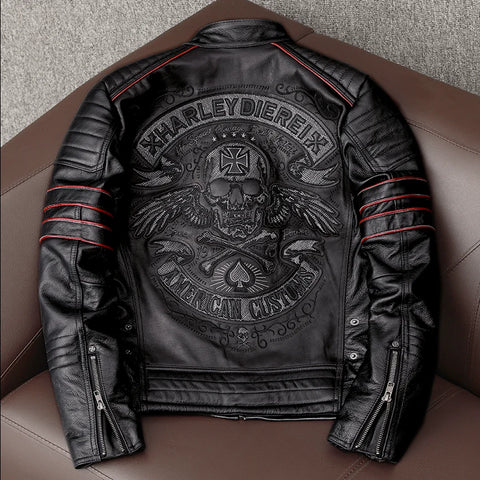 Men's Skull Embroidery Genuine Cowhide Black Jacket