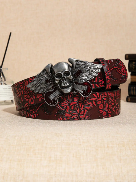 The Crimson Requiem™ Skull Buckle Belt | Burgundy Floral Embossed Gothic Accessory