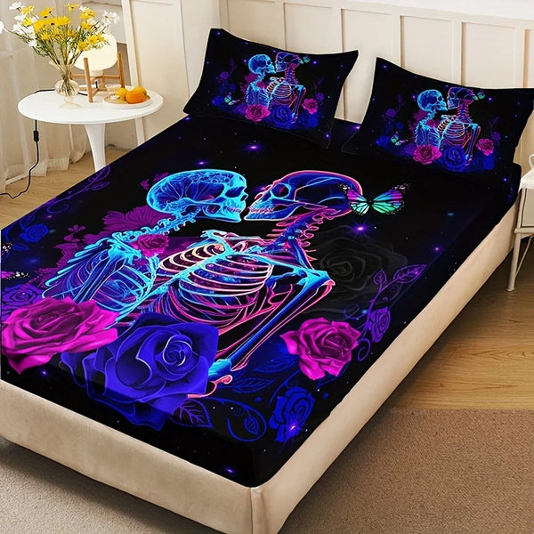 Floral Skull Couple Print 3pcs Soft Comfortable Breathable Fitted Sheet Set