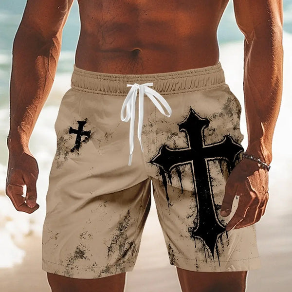 The Black Cathedral™ Gothic Cross Board Shorts | Men's Retro Drawstring Swim Trunks