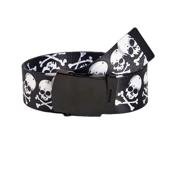 Skull Canvas Long Wasit Belt With Buckle or Ring Closure