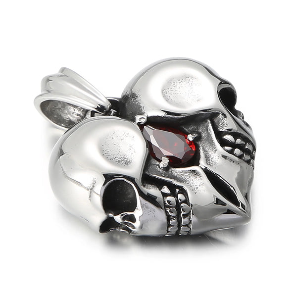 Stainless Steel Love Heart Skull With Red Gemstone Pendant For Necklaces