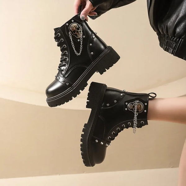 Women’s Punk Lace-Up Ankle Boots – Buckle Strap Platform Combat Booties
