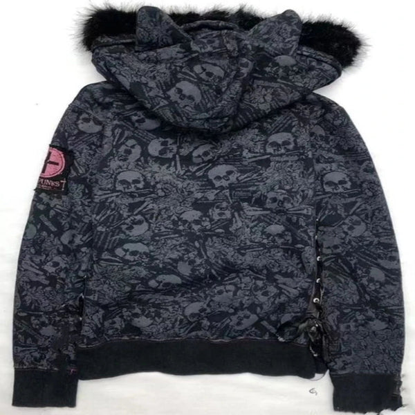 Women’s Vintage Goth Skull Print Hooded Jacket – Edgy Grunge Streetwear Zip-Up Coat