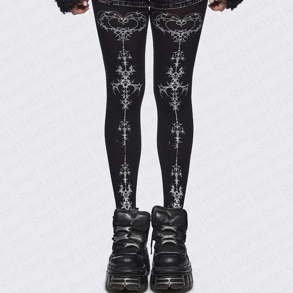 Women’s Gothic Black Printed Pantyhose – Dark Aesthetic Patterned Tights