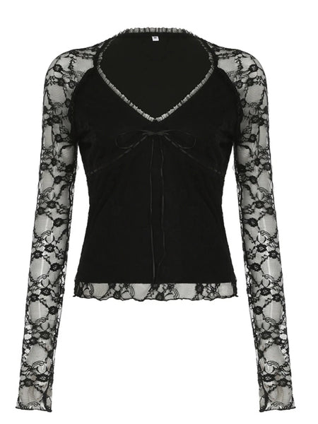 Gothic Black Women's Lace Patchwork See Through Long Sleeve V-neck Crop Top