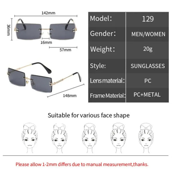 Women's Fashion Rectangle Rimless Sunglasses 7 Colors