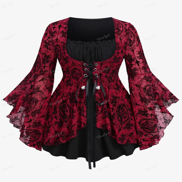 Gothic Flocking Cross Flower Pattern Mesh Panel Lace-up Top