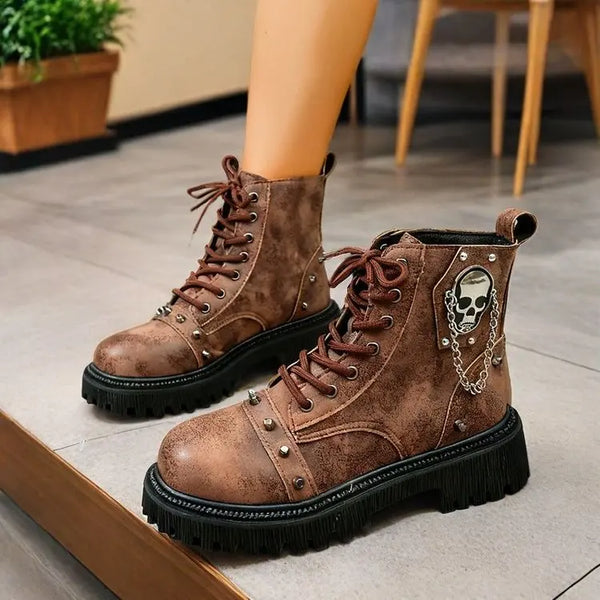 Women’s Punk Lace-Up Ankle Boots – Buckle Strap Platform Combat Booties