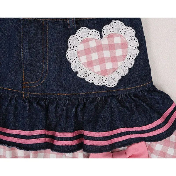 Women's Gothic  Sweet Lolita Mini Denim Lace Plaid Hearts Ruffles Skirt