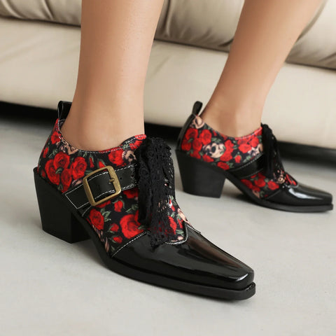 Women's Gothic Print Lace up Thick Heel Square Toe Shoes