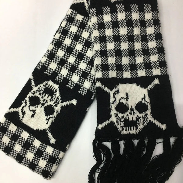 Women’s Skull Knitted Winter Scarf with Fringe – Soft Warm Alt Gothic Wrap