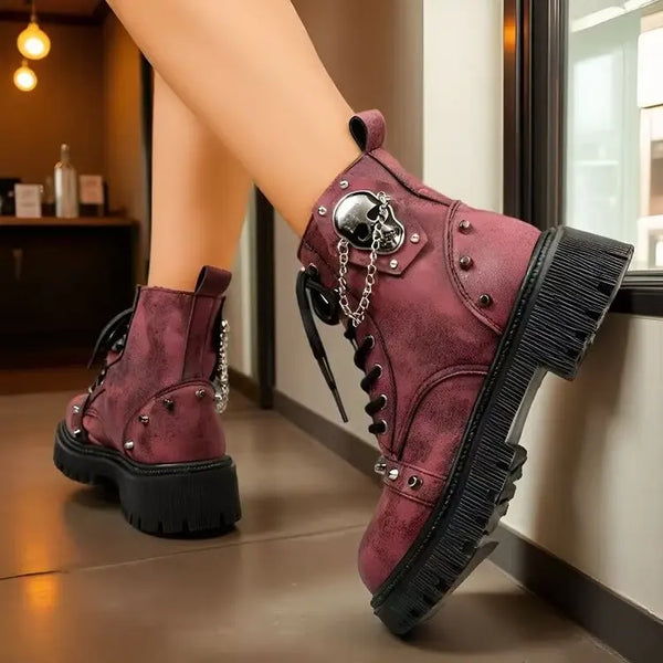 Women’s Punk Lace-Up Ankle Boots – Buckle Strap Platform Combat Booties