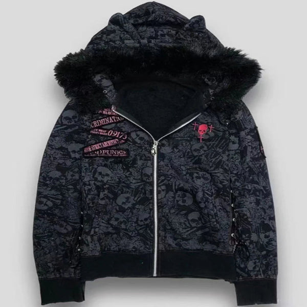 Women’s Vintage Goth Skull Print Hooded Jacket – Edgy Grunge Streetwear Zip-Up Coat
