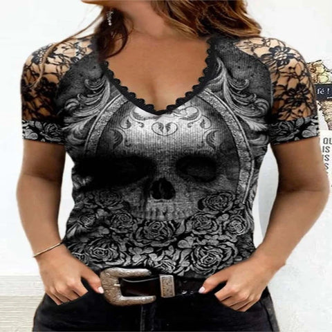 Women's Gothic Floral Skull Print Lace Short Sleeve V Neck T-Shirt