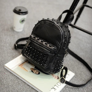 Women's Small Genuine Leather Rivet Black Backpack