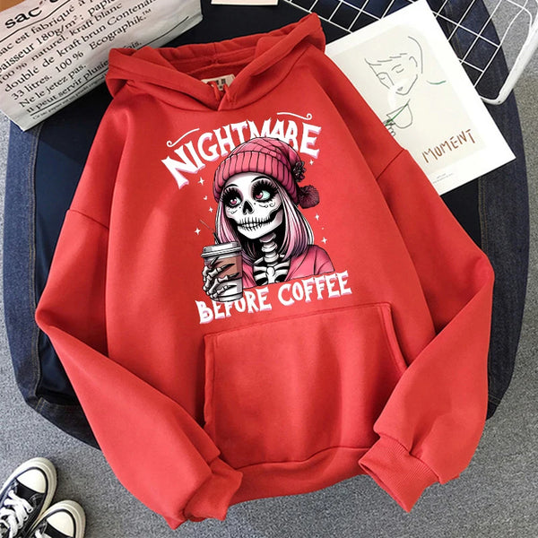 Women’s "Nightmare Before Coffee" Graphic Hoodie – Cozy Alt Gothic Pocket Sweatshirt