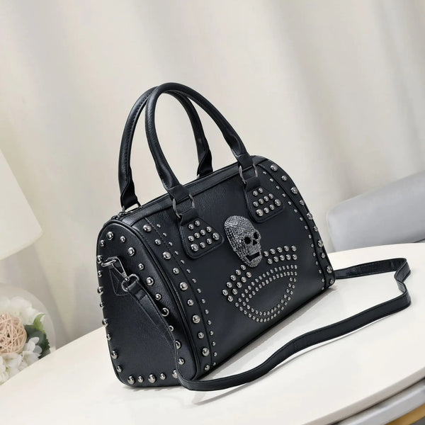 Women's Black Large Capacity Skull Handbag With Rivets