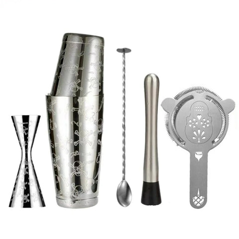 Skull Shaker Bar Tools With Shaker, Jigger, Ice Strainer And Bar Spoon