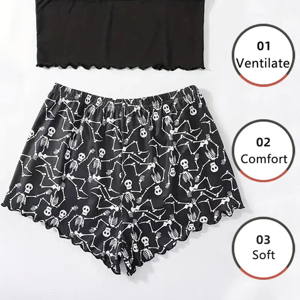 Women’s 2-Piece Skull Print Pajama Set – Short-Sleeve Lounge & Sleepwear Suit