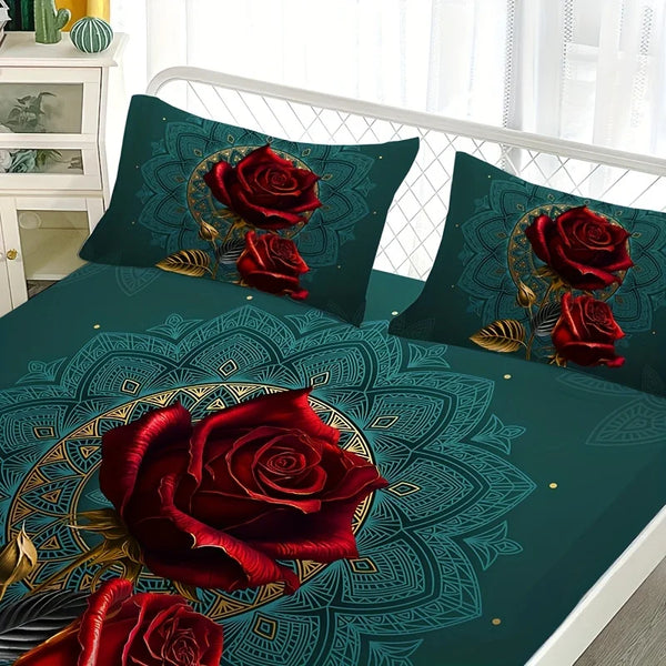 3D Gothic Rose Fitted Sheet Set Soft Comfortable Breathable Bedding