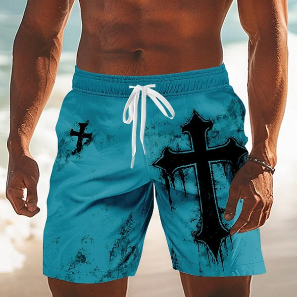 The Black Cathedral™ Gothic Cross Board Shorts | Men's Retro Drawstring Swim Trunks