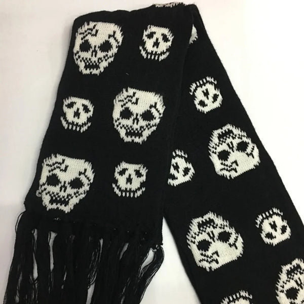 Women’s Skull Knitted Winter Scarf with Fringe – Soft Warm Alt Gothic Wrap