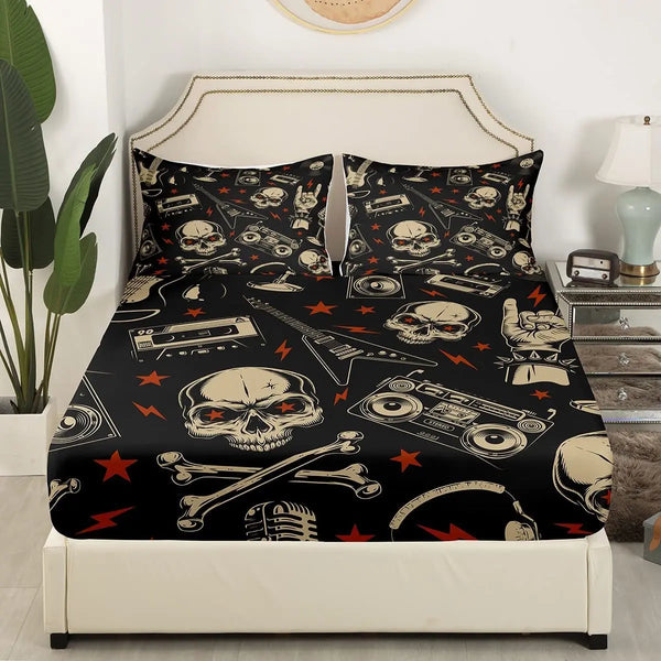 Skull Fitted Sheet + 2 Pillow Cases Bedding Set