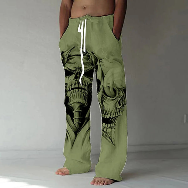Men's Elastic Waist Skull Print Casual Pants with Drawstring
