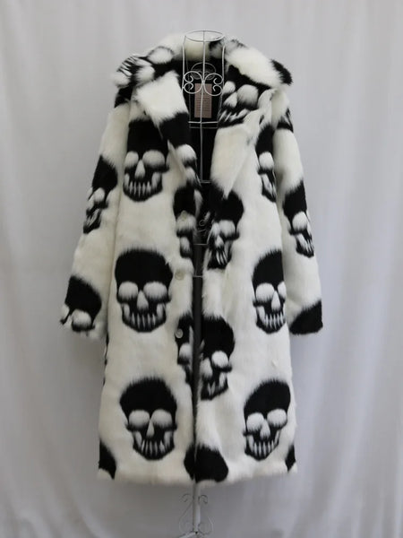 Winter Warm Skulls Pattern Woman's Punk Faux Fur Long Jacket