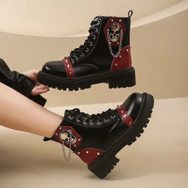 Women’s Punk Lace-Up Ankle Boots – Buckle Strap Platform Combat Booties
